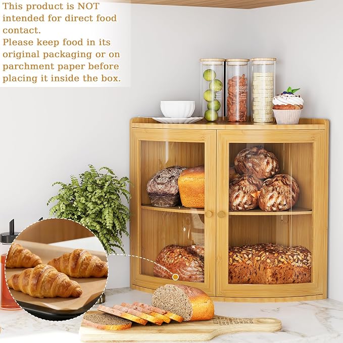 Trironsun Fan Shape Corner Bread Box for Kitchen Counter Double Layer Large Bread Storage Container with Acrylic Doors Farmhouse Wooden Bread Box Organizer for Homemade Bread (Natural Bamboo)