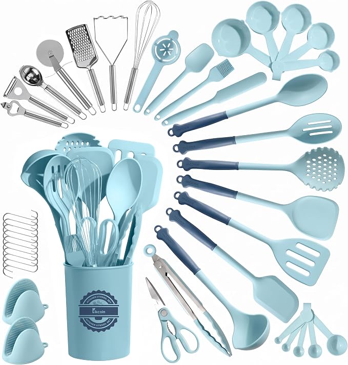 Kikcoin 43Pcs Large Kitchen Utensils Set - Silicone Cooking Utensils Set, Dishwasher Safe Spatula Set for Non-stick Cookware, 446°F Heat Resistant Kitchen Utensils Set with Holder BPA Free, Blue