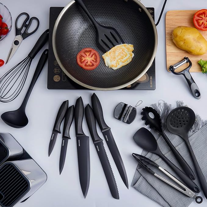 Kitchen Utensils Set,18-Piece Cooking Utensils and Knife Set,Black | Food-grade Silicone Heat-safe to 410°F, Detachable Stainless Steel Holder, 5 Kitchen Knives and Cutting Board All-in-one