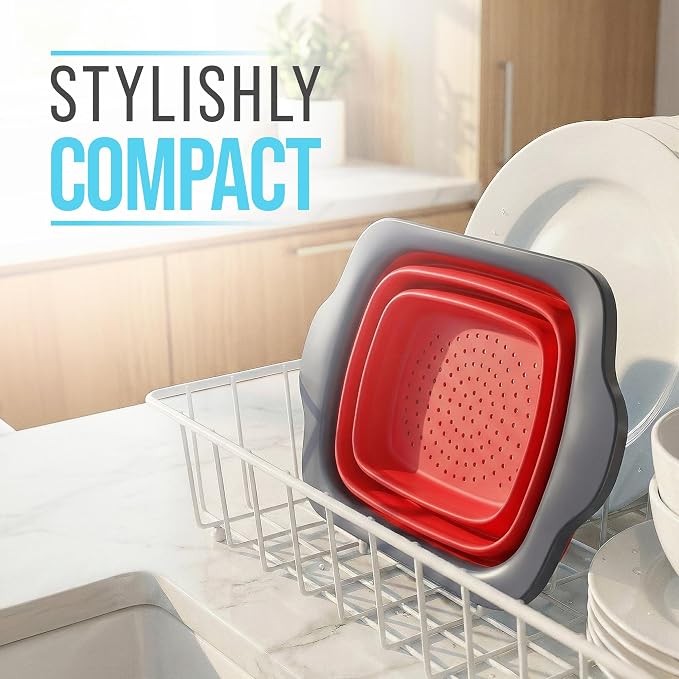 Comfify XL Large Kitchen Strainer - Collapsible Silicone Over-The-Sink Colander with Extendable Handles - Use with Pasta, Fruit, Berries & Veggie - 6 Quart - Red | Red silicone colander; 17.1 x 10.1 in; folds to 1.4 in; 6 Qt; handles extend 25 in; heat...