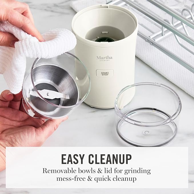 Martha Stewart Electric Coffee & Spice Grinder with Dual Bowls, Linen Cream | Dual 2.5oz Removable Bowls for Coffee Beans, Nuts, Herbs & Spices, Stainless Steel Blade, One-Touch Pulse Control, Easy Clean