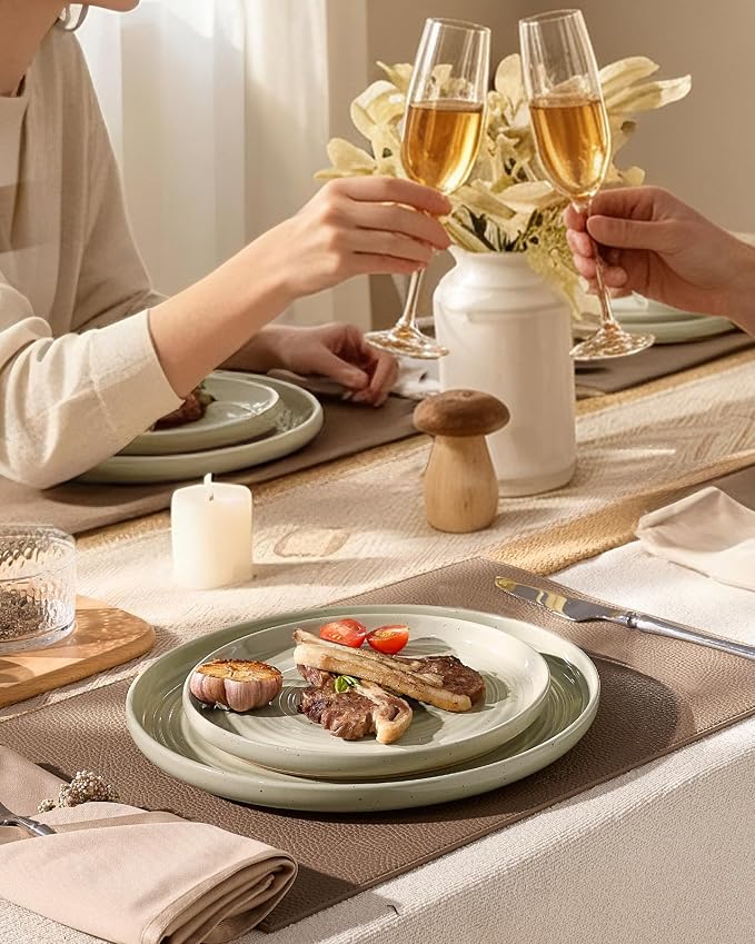 Stoneware Dinnerware Set for 8, White Honey Plates & Bowls | 24-Piece Ceramic Speckled Spiral Dishes, Chip & Scratch Resistant, Microwave & Dishwasher Safe, Everyday Use, Farmhouse Style