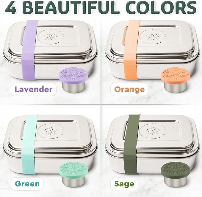 Stainless Steel Bento Box + Condiment Container - Lavender, 37oz / 1.1 L | Everusely metal lunch box, leakproof sauce container, 3 compartment snack organizer for travel, freezer & dishwasher safe