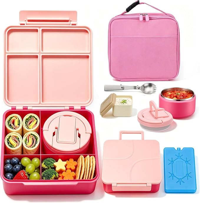 Bento Lunch Box with 8oz Soup Thermo,Kids Leakproof 4 Compartment Lunch Food Containers with Sauce Cup and Ice Pack,Kids Thermo Insulated Hot Food Jar and Lunch Bag for School,Trvael-Pink