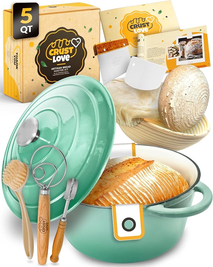 5 QT Cast Iron Bread Oven with Lid for Sourdough Bread Baking Set | Dutch Oven for Sourdough Bread Baking, Enameled Cast Iron, Banneton, Bread Sling, Lame, Dough Whisk & Step-by-Step Guide