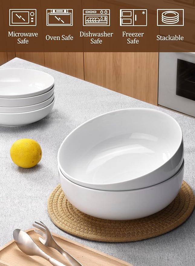 Pasta Serving Bowls 120 Ounce 9.7” Large Serving Bowls, Porcelain Salad Bowls for Kitchen, Big White Soup Bowls, Oven Dishwasher Safe, Set of 2 | Smooth Glaze, Easy-Clean, Stackable, Oven/Microwave/Dishwasher/Freezer Safe, Deep enough for Soup, Fruit, ...