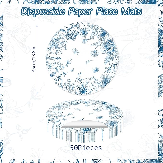 50 Pack Paper Placemats Disposable Blue and White Placemats 13.7 Inch Vintage Blue Floral Place Mats Decorative Chinoiserie Round Table Mats for Dinner Table Setting Birthday Wedding Party Supplies