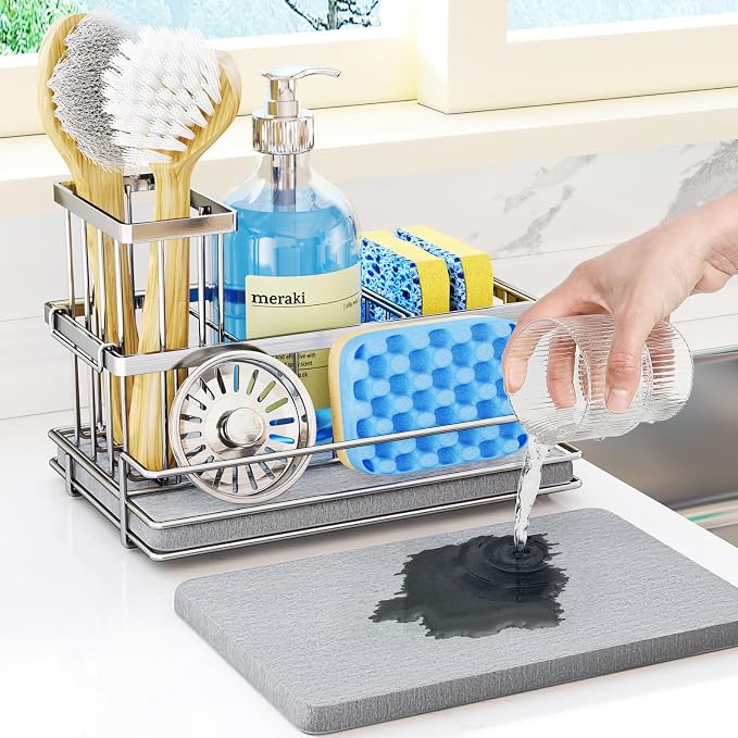 HapiRm Sink Caddy Sponge Holder - Kitchen Sink Organizer with Instant Drying Stone and Brush Holder, Stainless Steel Sponge Caddy for Kitchen Countertop - Silver
