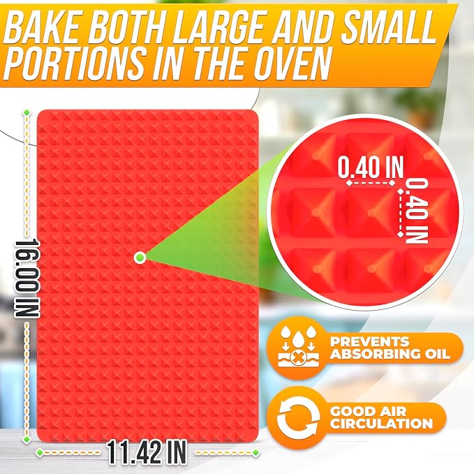 Red Silicone Baking Mat - 16x11.42" Non Stick Baking Mat With Fat Filtering Red Pyramid Design, Suitable for Oven & Microwave - Flexible & Easy-to-Clean Silicone Cooking Mats for Roasting, BBQ, Bacon | Easy-to-Clean Silicone Pyramid Baking Mat; Suitabl...