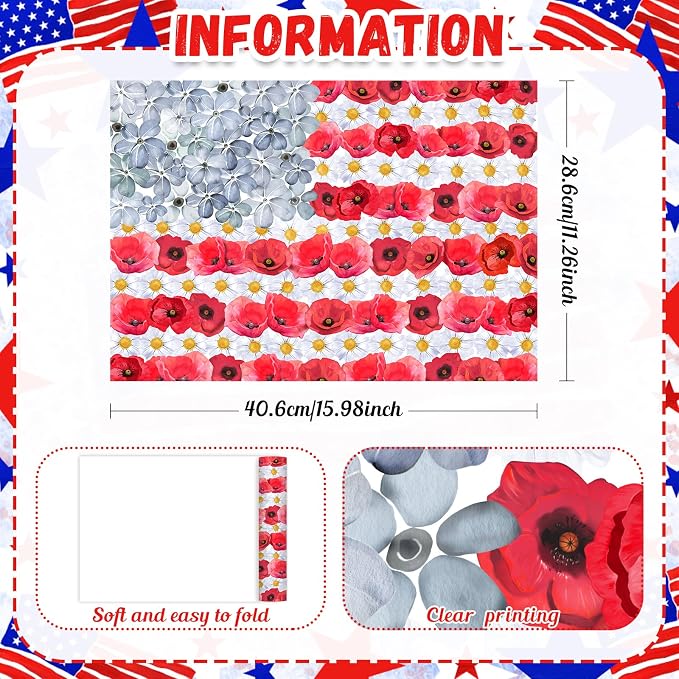 50 Pack Disposable Paper Placemats, Flower Patriotic Table Mats | Red White Blue Watercolor 4th of July Memorial Day