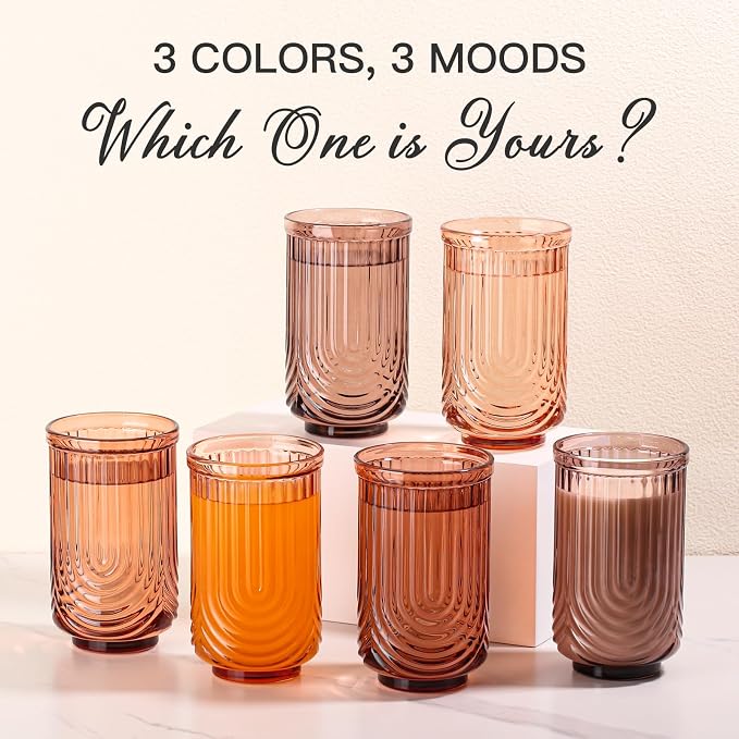 JOVGANK Amber Vintage Glassware Set of 6-17Oz Brown Water Drinking Glass, Art Deco Ripple Highball Glass, Whiskey Cocktail Glasses, for Bar Ice Coffee Juice, Housewarming Gifts Gift