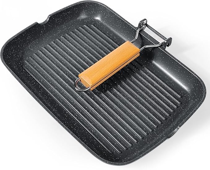 GiPP Nonstick Grill Pan with Folding Handle,Square Grill Skillet, Grilling Pan with Pour Spouts, Versatile Griddle Steak Pan for All Stove,PFOA Free,13.4 Inch