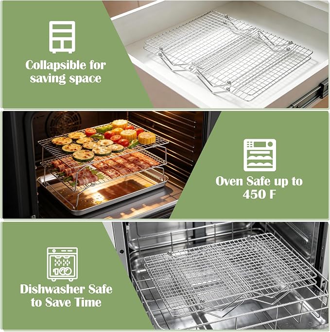 P&P CHEF 3 Tier Stackable Cooling Racks for Cooking and Baking, 15" x 10" | Stainless Steel Stackable Grid Cooling Rack for Cooling Roasting Grilling, Collapsible & Heavy Duty, Oven & Dishwasher Safe