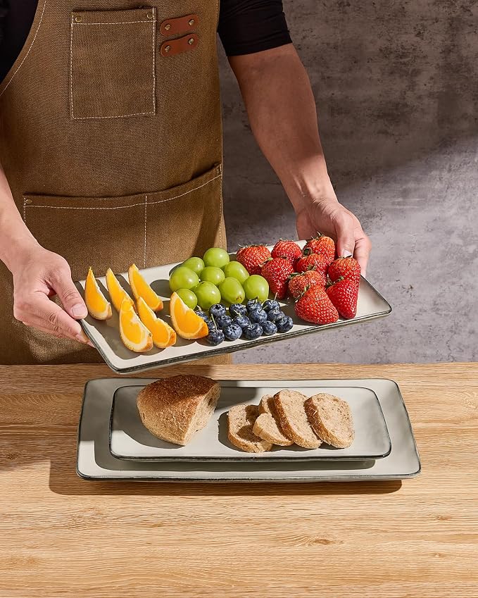 Famiware Serving Platters Set of 3 Sizes - Rectangular, Light Khaki | 15.67"/14.1"/12.6" Fine Stoneware Serving Trays for Party, Entertaining for Food, Turkey, Cheese, Microwave Dishwasher Safe