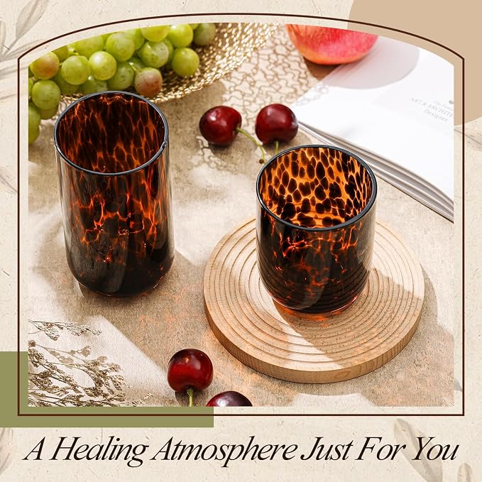 SiliFine Set of 2 Tortoise Shell Leopard Print Stemless Wine Glasses, 17oz & 14oz, Hand Blown Wine Glasses, Brown Glassware, Ideal Tumbler for Gin, Tequila, Gifts for Party