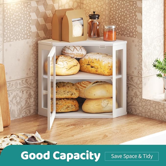 White Corner Bread Box, Bamboo Bread Box for Kitchen Countertop, 2 Tier Wooden Bread Storage, Solid Bamboo Wood