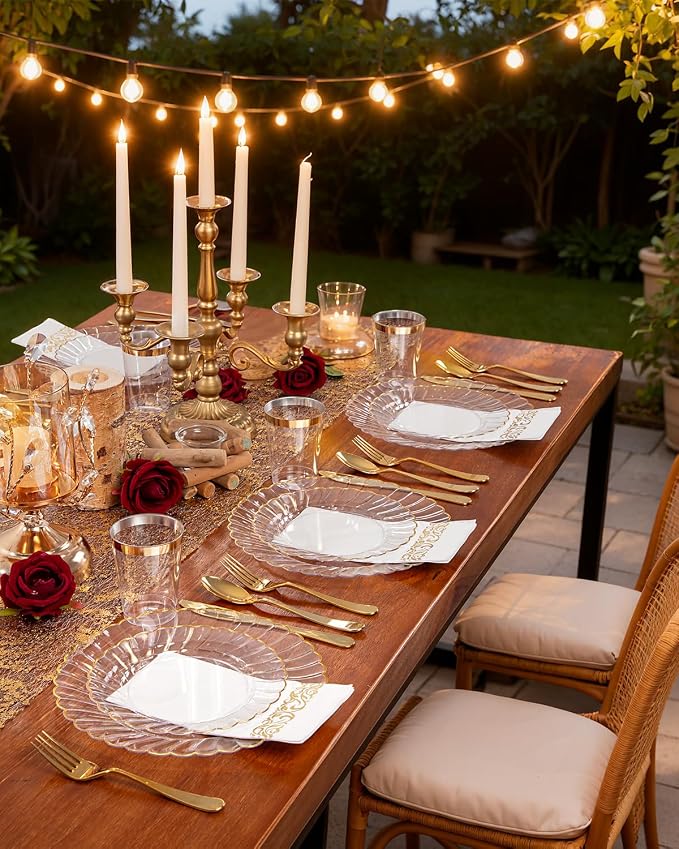 YOUBET 175PCS Clear and Gold Scalloped Plastic Plates for Party Wedding | Clear and Gold Disposable Dinnerware Set Include 50 Plates, 75 Gold Silverware, 25 Cups, 25 Napkins