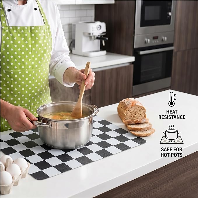Set of 6 Checkerboard Non-Slip Washable Placemats for Dining Table | Waterproof & Heat-Resistant Faux Leather Mats | Easy Wipe Clean Tablemats for Indoor Dining, 17’’×12’’, Black