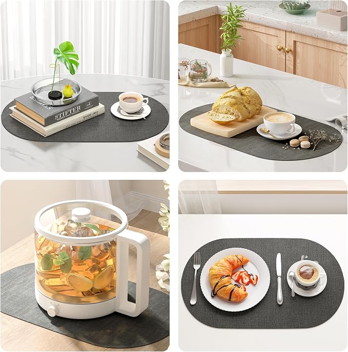 DOLOPL Oval Placemats Set of 6, Charcoal Faux Leather Place Mats, Large | Large Size 13.8" x 21.6", Reversible, Wipeable & Washable, Heat Resistant, Waterproof, Modern Style for Kitchen, Dining Table