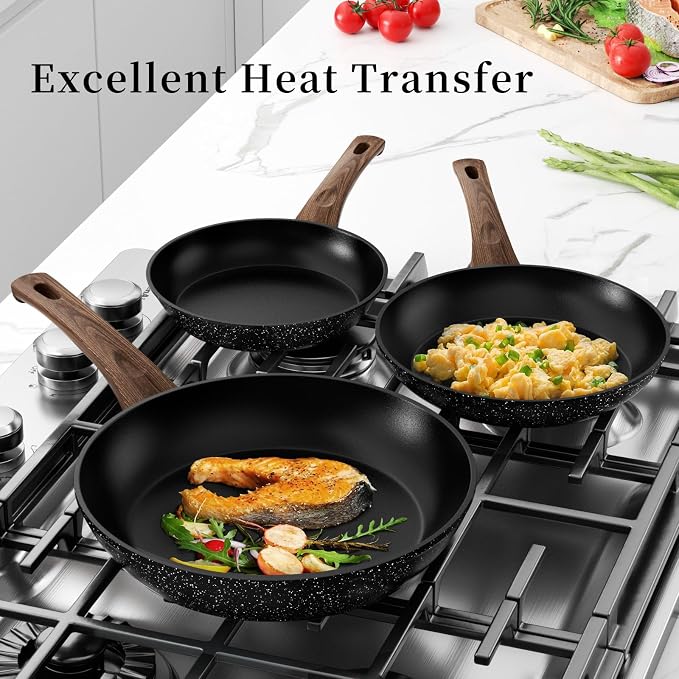Innerwell Nonstick Ceramic Frying Pans Skillets Set with Lid 8"+9.5"+11" | No Toxic Egg Omelette Frying Pan Set, All Stove Compatible, Healthy Granite Induction Cooking Pan, PFOA & PFAS Free