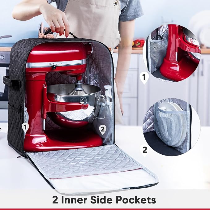 BAGSPRITE Stand Mixer Cover with Appliance Sliders Base Compatible with KitchenAid Mixer-Storage Bag for 4.5/5 Quart with Pockets for Kitchen Aid Accessories and Attachments