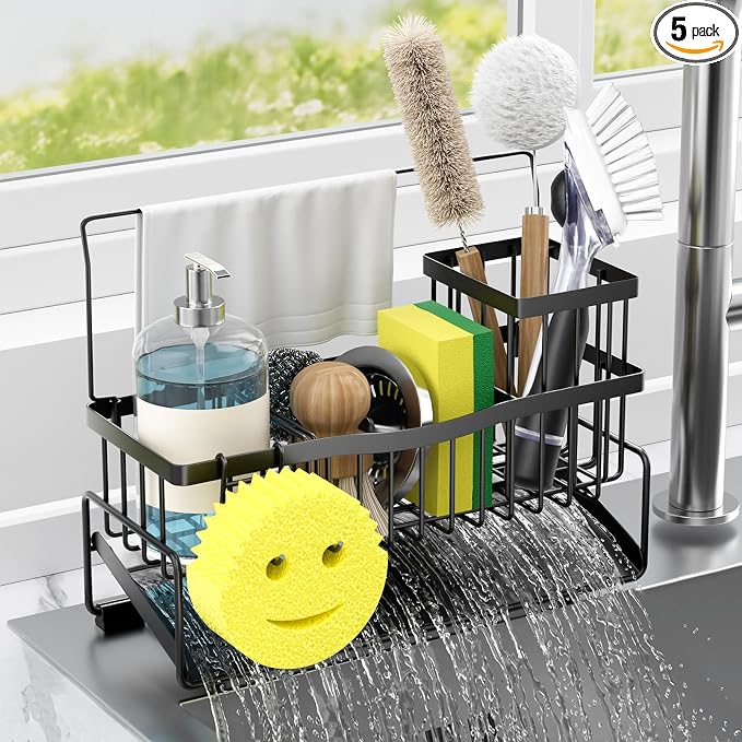 Sponge Holder for Kitchen Sink 304 Stainless Steel Self-Draining Sink Caddy with Smiley Face Sponge and Brush Holder Towel Bar and Divider Kitchen Gadgets Organizer for Countertop, Black