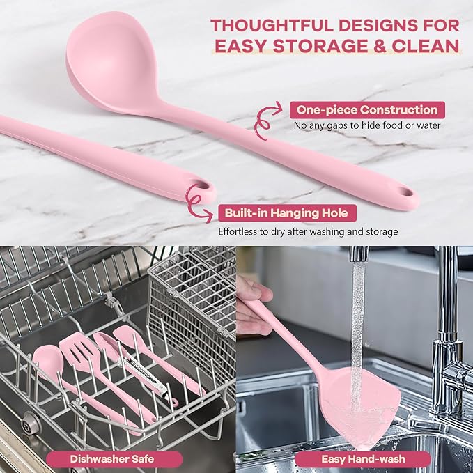 TeamFar Silicone Cooking Utensils, 10 pcs Kitchen Cooking Utensils Set | Heat Resistant Kitchen Gadgets Tools Set w/Spatula, Turners, Spoons, Soup Ladle, Pasta Server for Nonstick Cookware, Pink