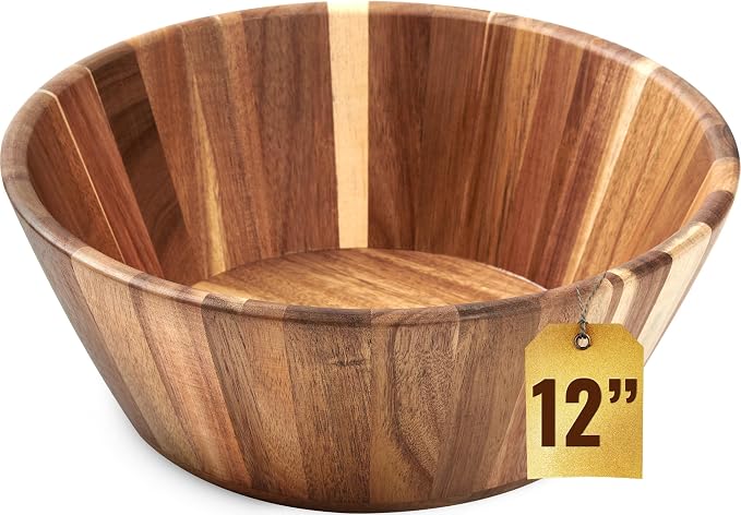 Wooden Salad Bowl, 12" Round Wood Bowl for Fruit & Serving | Handmade, Durable & Stylish Natural Dining Accessory – Elegant Design for Any Table