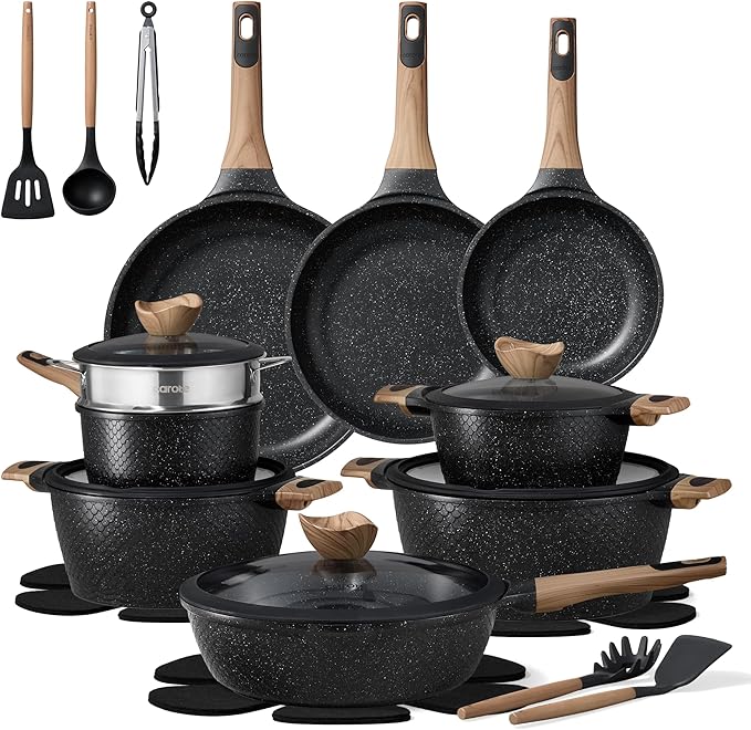 CAROTE 26pcs Nonstick Pots and Pans Set, Cookware Sets | Induction Kitchen Set, Durable, Innovative Surface Texture, Fit All Stovetops, Fast & Even Heating, with Stockpot & Steamer