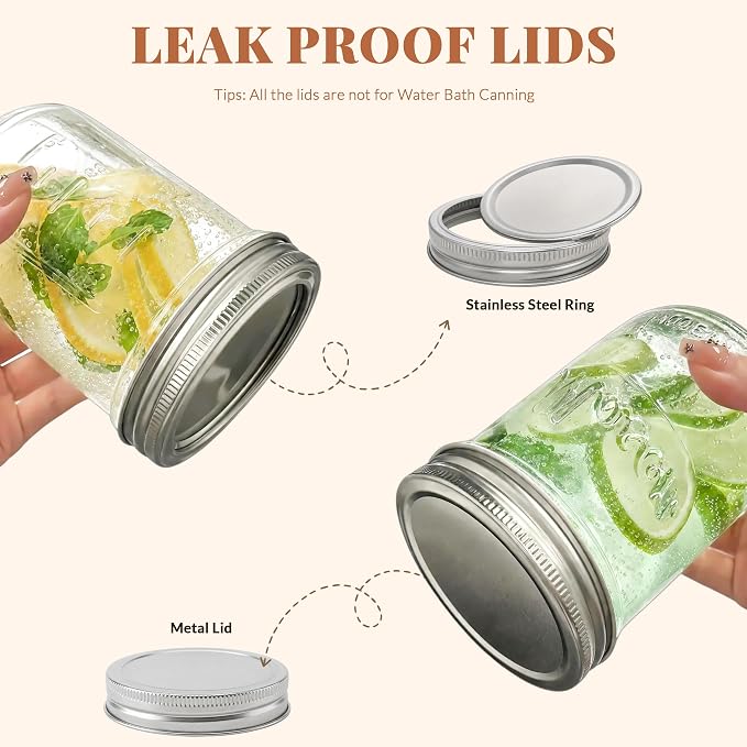 CycleMore 16oz Embossed Glass Mason Jars with Two Types of Lids – Set of 6 | One-Piece & Stainless Steel Split Lids. BPA-Free & Durable Glass. Dishwasher Safe. Non-Slip Grip. Vintage Style.