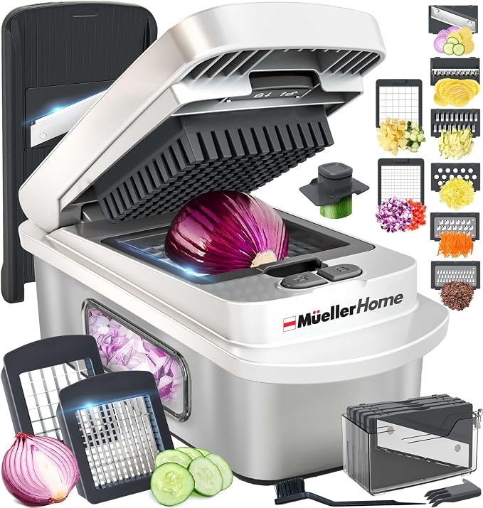 MUELLER HOME Pro-Series 10-in-1, Stainless Steel Multi Vegetable Chopper | 8 Blade Mandoline Slicer, Kitchen Accessories and Essentials, Food and Veggie Chopper, Mincer, Dicer, White Sand/Grey