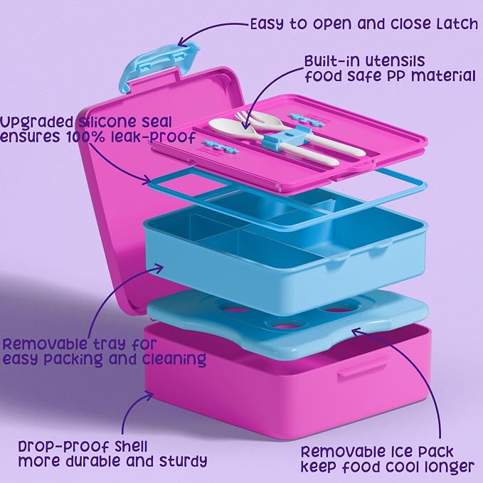Fimibuke Chill Bento Box for Kids Adult, Leak Proof Toddler Lunch Box with Ice Pack Keep Food Cold, BPA Free 4 Compartment Lunch Container with Utensils for Girl Boy School, Microwave Dishwasher Safe | Keep Cold Leak Proof BPA Free 4 Compartment Lunch ...