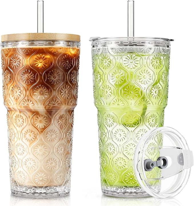 SoulTimes 20oz Begonia Flower Glass Tumbler with Bamboo Lid and Straw–Iced Coffee Glasses Cups for Smoothie, Matcha, Juice, Water etc. Leakproof and Reusable Glassware Drinking for Travel To Go [2Pcs]