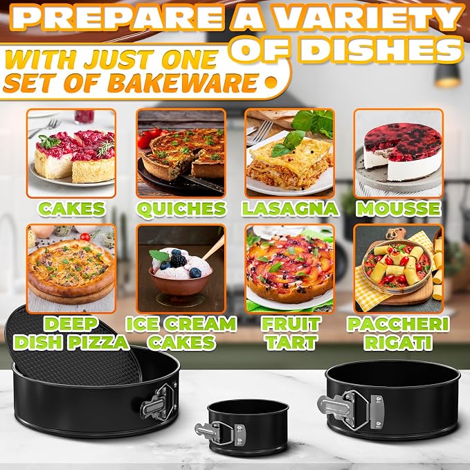 BURIUS Springform Pan Set of 3, 4 7 9 Inch Nonstick Round Cheesecake Pans | Leak-Resistant Sides and Removable Bottoms Release Cheesecakes Cleanly - Easy-Open Latch, Plus 60 Parchment Liners Included