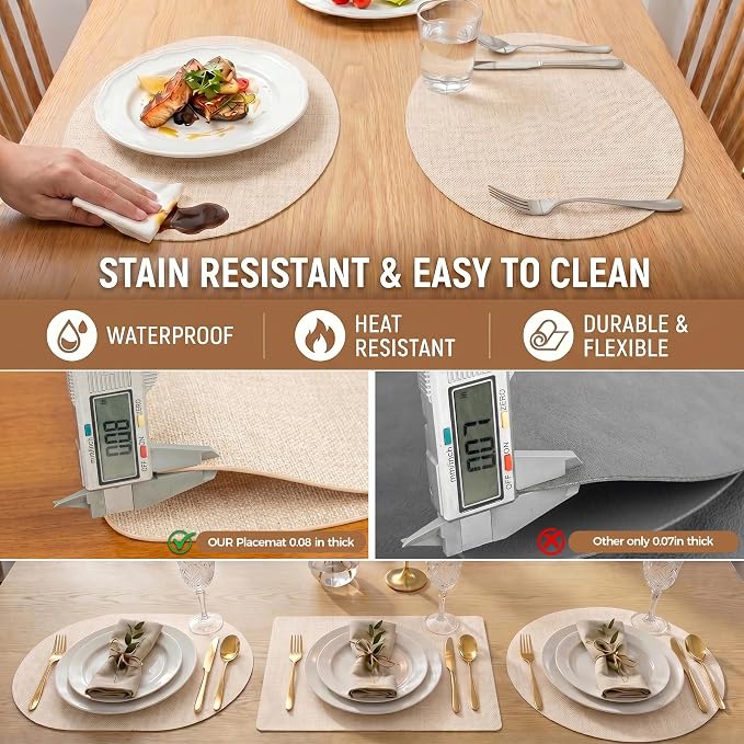 Faux Leather Placemats Set of 4, Wipeable Waterproof Stain Resistant Table Mats, Heat Resistant Thick Placemats with Hand-Painted Edges for Kitchen Dining, Imitative Linen Texture, Various Shapes