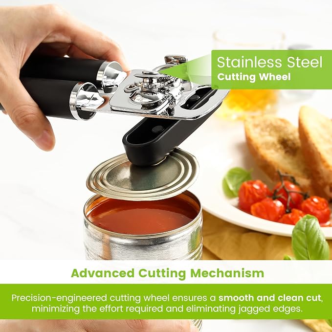 Spring Chef Stainless Steel Manual Can Opener with Soft Grip Handles, Black | Heavy Duty Hand Can Opener for Seniors with Smooth Edge, Easy Turn, 3in1 Can Opener with Magnetic Lid Remover & Bottle Opener