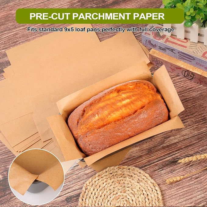 Unbleached Parchment Paper Loaf Pan Liner - Precut 9''x5'' Non-Stick, Fits 8.5''x4.5''/10''x5'' Loaf Pans, Heat-Resistant 430°F BPA-Free Food-Safe for Bread Baking (100 Pcs)