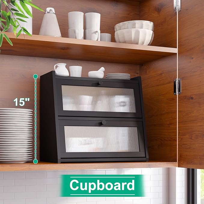 kiplant Large Black Bread Box, Double-Layer Bread Box for Kitchen Counter, Bamboo Bread Storage Container with Wavy Acrylic Transparent Door