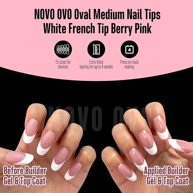 NOVO OVO White French Tip Oval Nail Tips Press on BERRY PINK, Extra Thick Medium Soft Gel Fake Nail Acrylic Extension, Need Builder Gel Top Coat, No Glue Included, for Salon DIY x 15 Sizes 240 pcs