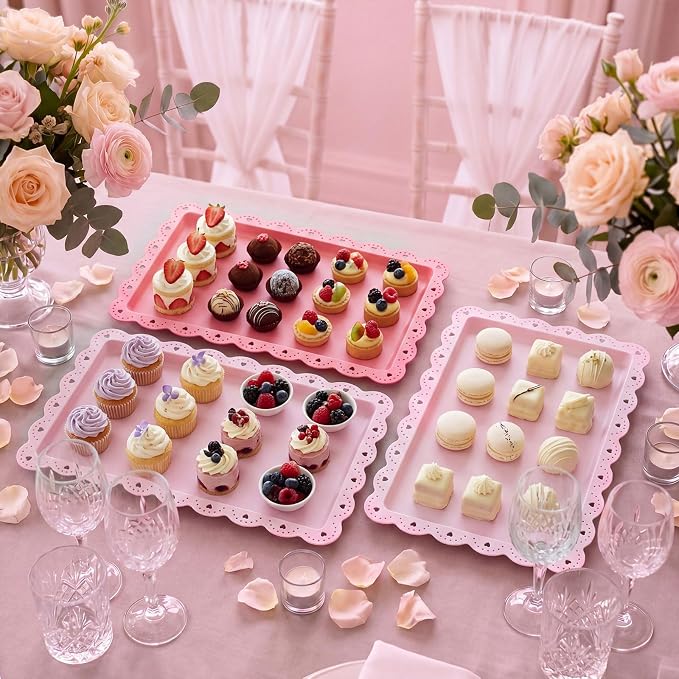 3 Pcs Pink Serving Trays Plastic Platters Dessert Cupcake Holder Party Supplies 14.4 x 9.3 Inches Rectangular Cookie Snack Display Tray for Wedding Restaurant