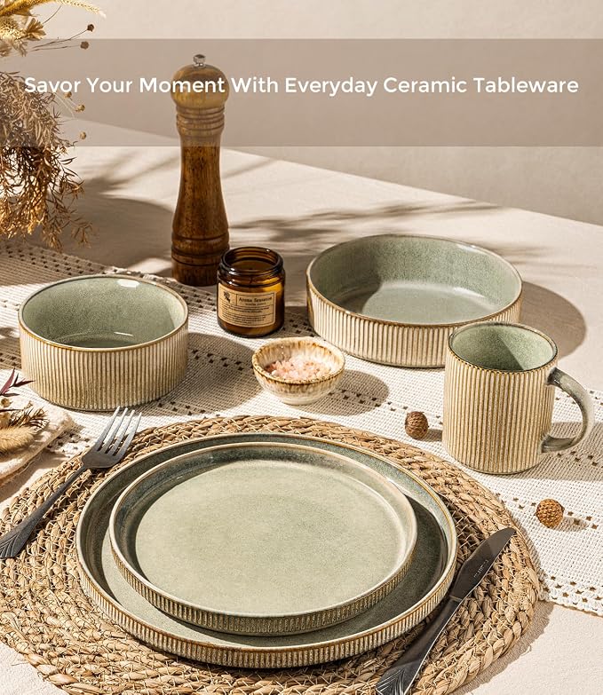 GBHOME Stoneware Dinnerware Sets for 4,12-Piece Plates and Bowls Set | Handmade Reactive Glaze Ceramic Dish Set, Scratch Resistant, Dishwasher&Microwave Safe,Desert Sage