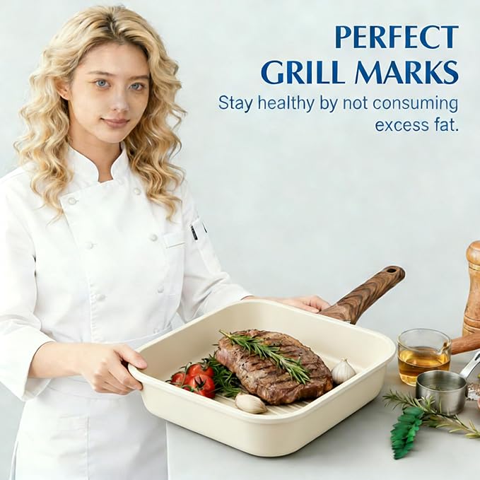 Simple Deluxe 3 Pieces Nonstick Grill Pan Set, Square Versatile Griddle Pans with Wooden Handle, Durable Skillet Indoor & Outdoor Use, All Stovetops Compatible(9.5", 10.2", 11"), PFOA Free, Beige