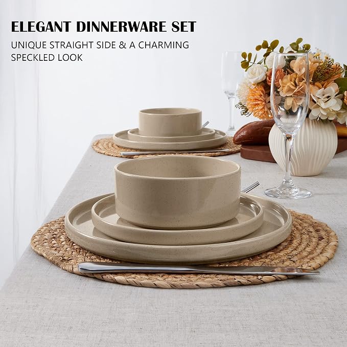 E-far Dinnerware Sets for 6, 18-Piece Stoneware Plates and Bowls Set, Khaki | Modern Kitchen Dining Dishware, Chip and Scratch Resistant, Microwave & Dishwasher Safe, Speckled Khaki