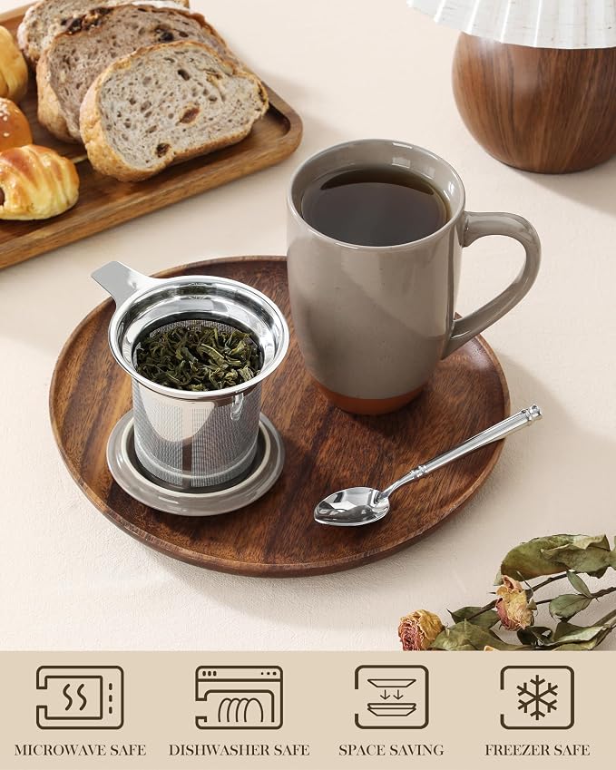 MALACASA Ceramic Tea Mug with Lid and Stainless Steel Infuser, 18 oz Large Tea Cup for Loose Leaf Tea, Heat-Resistant, Microwave & Dishwasher Safe, Speckled Glaze Coffee & Tea Brewer Mug, Khaki Brown