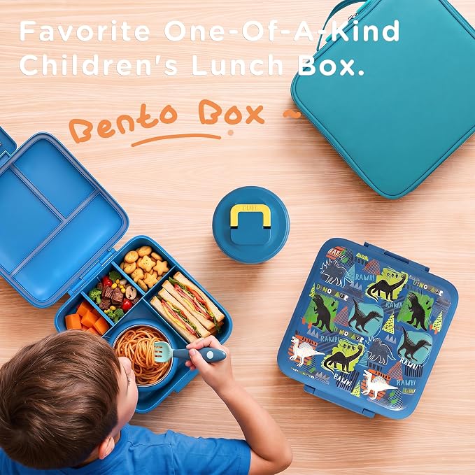 JXXM Bento Lunch Box for Kids With 8oz Soup thermo,Leak-proof Lunch Containers with 5 Compartment,thermo Food Jar and Lunch Bag, Food Containers for School (A-Blue(Dinosaur))