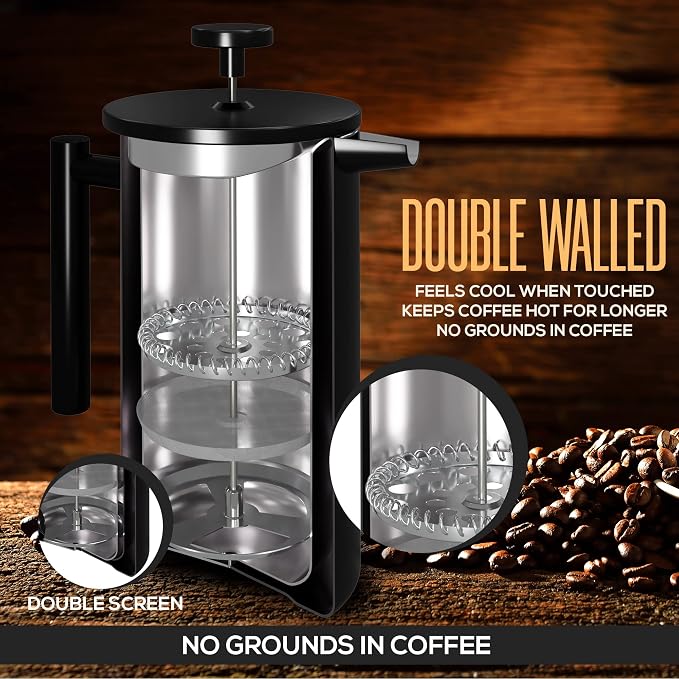 Utopia Kitchen 304 Grade Stainless Steel French Press 12 Oz, Black | Double Wall Insulated Coffee Press with 4-Level Filtration System, Include 2 Extra Filters, Rust-Free, Dishwasher Safe