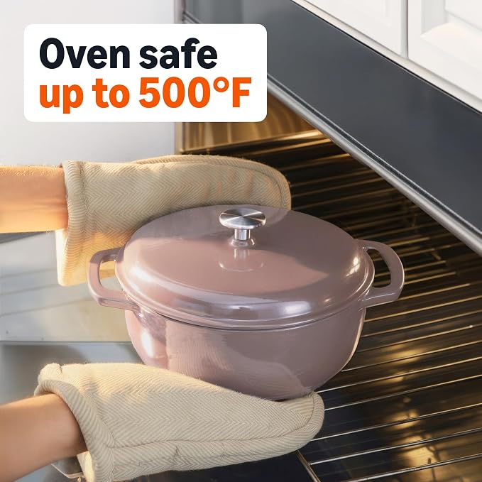 Amazon Basics Cast Iron Dutch Oven Pot with Lid, Enameled, Dual Handles, Heavy-Duty, Medium, 6-Quart, Clay
