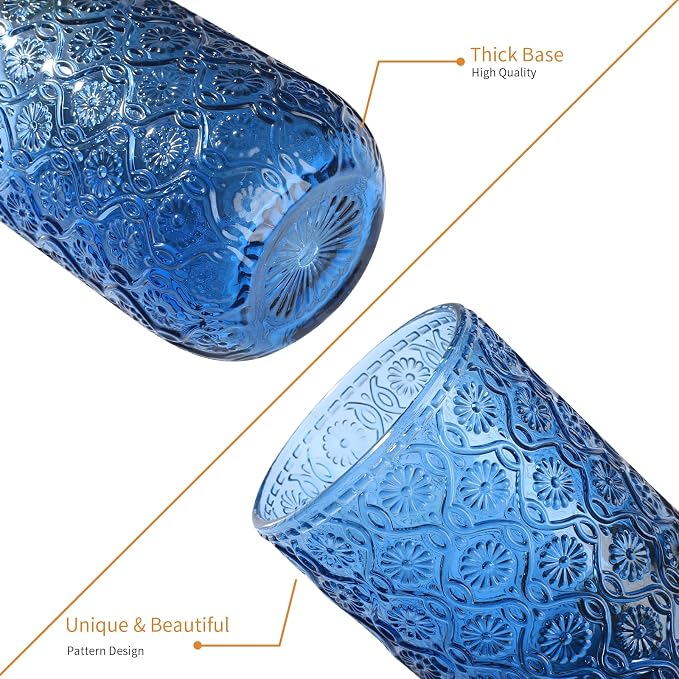Set of 8 Vintage Embossed Glassware,4 Highball Glasses 14oz & 4 Rocks Drinking Glasses 9oz, Blue, Art Deco, for Wine, Water, Cocktail, Juice, Whiskey, Gift