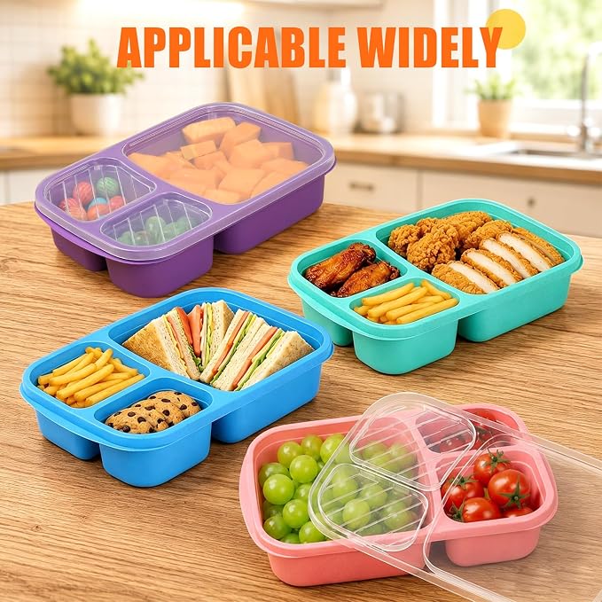 buluker 8 Pack Bento Lunch Box Set 3 Compartment Food Storage Containers Wheat Straw Meal Prep Lunch Box Plastic Food Storage Containers, Microwave and Dishwasher Safe (Vivid Colors)