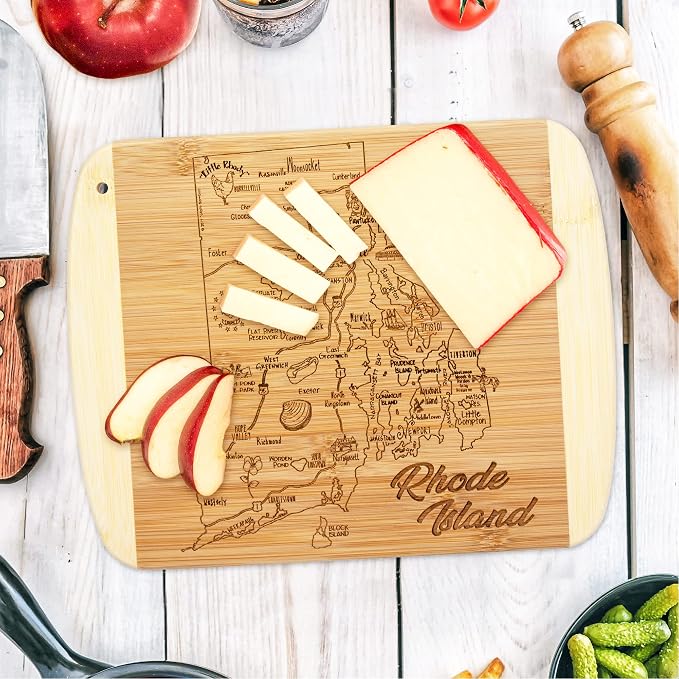 Totally Bamboo A Slice of Life Rhode Island Engraved Map Cutting Board | 11” x 8.75” charcuterie board with engraved state map artwork. Smooth reverse side for food prep. Hang tie for wall display.
